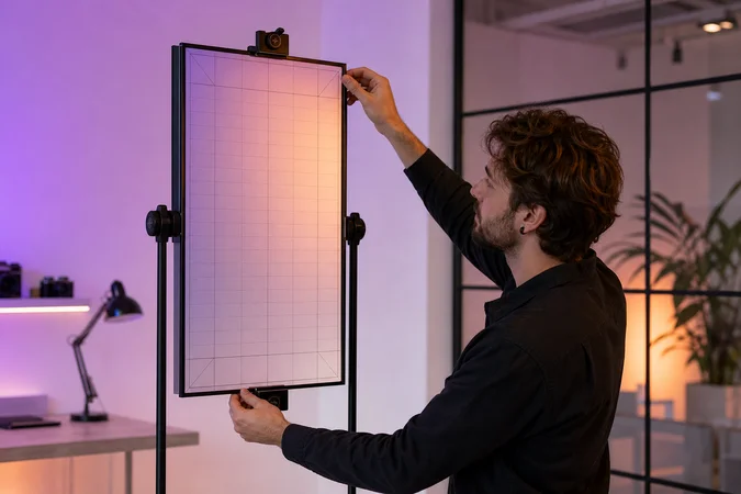 Manos de diseñador ajustando panel storyboard vertical para Instagram Historia