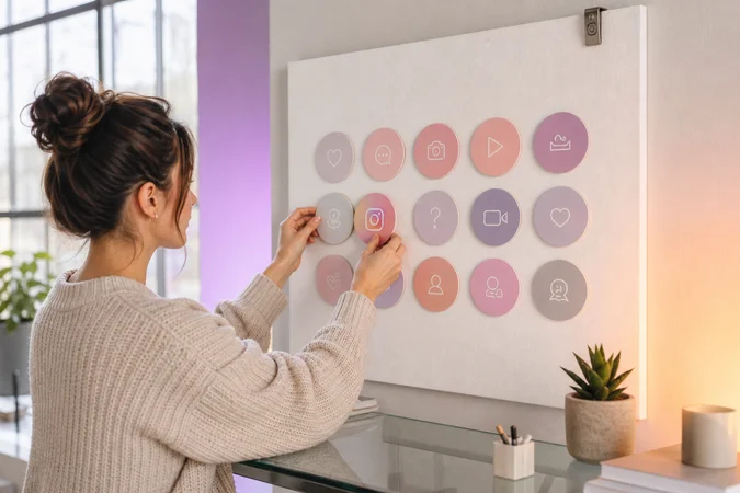 Manos de diseñador colocando cubiertas circulares de Instagram en corcho