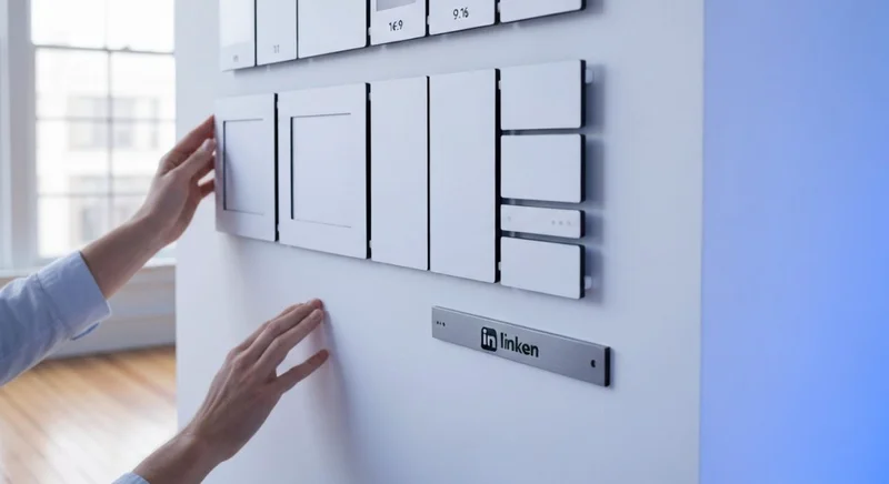 Manos de diseñador colocando muestra modular LinkedIn con formatos variados