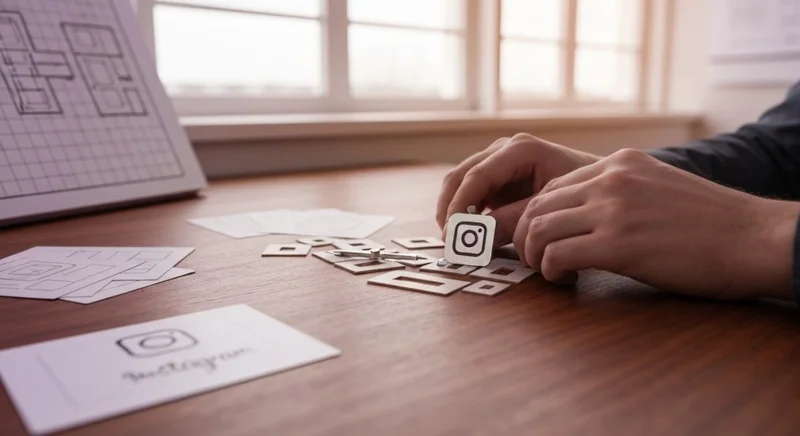 Manos de diseñador ensamblando rompecabezas táctil con compás Instagram logo