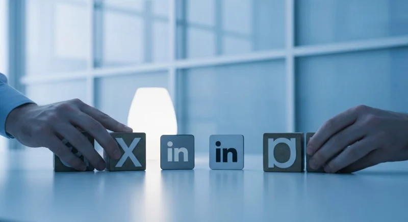 Manos de diseñador organizando bloques tipográficos LinkedIn y placa minimalista