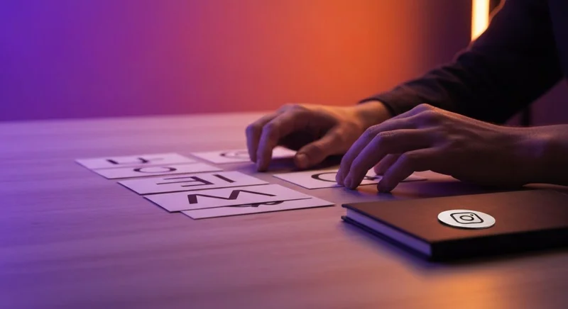 Manos de diseñador organizando tarjetas abstractas con logotipo Instagram visible