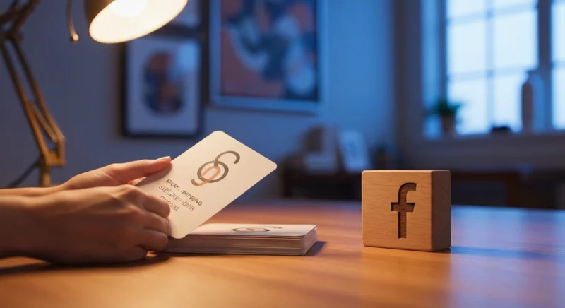 Manos de diseñador seleccionan cartas con glifo de Facebook grabado