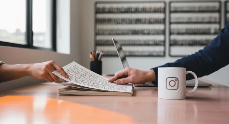 Manos de diseñador seleccionando muestras tipográficas junto a taza Instagram