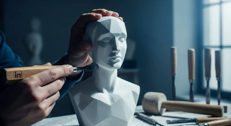 Manos de escultor usando un cincel en un busto de mármol