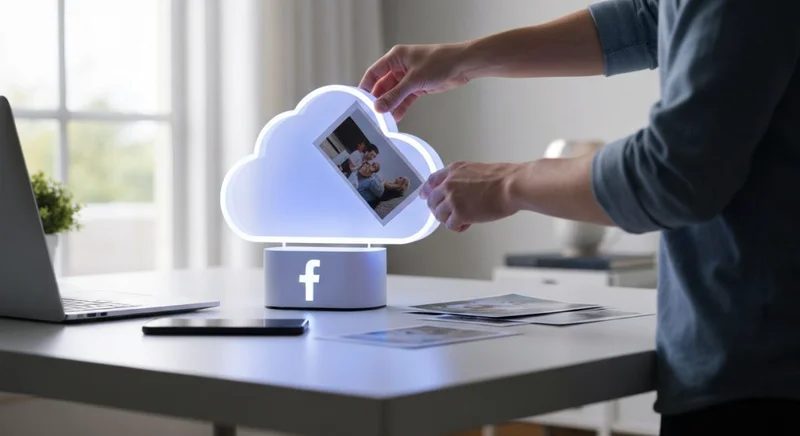Manos de fotógrafo colocando fotos en escultura LED nube Facebook