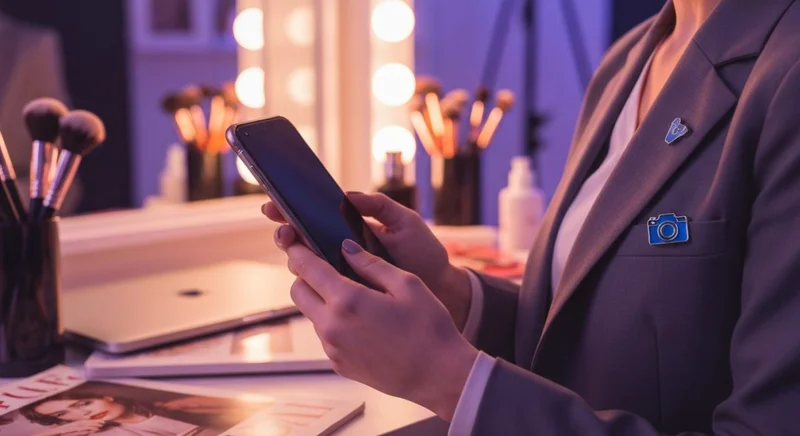 Manos de influencer sostienen smartphone junto a vanidad iluminada Instagram