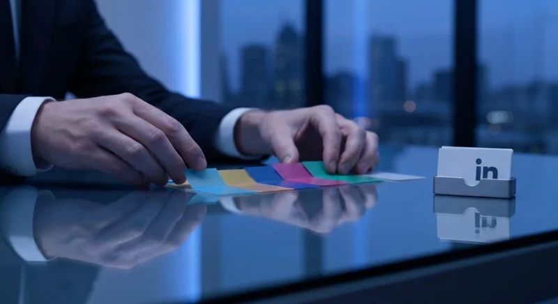 Manos de profesional organizando tarjetas translúcidas con logo LinkedIn escritorio