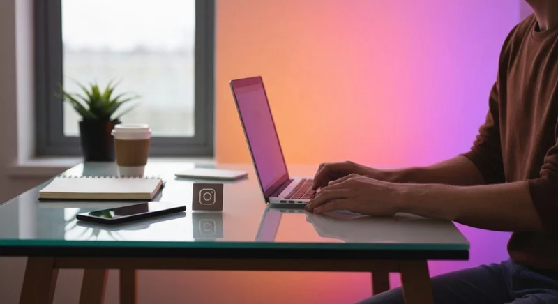 Manos del creador organizando objetos junto a insignia Instagram