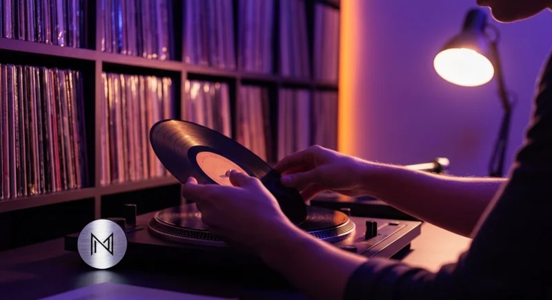 Manos eligiendo un vinilo entre discos coloridos con logo minimalista