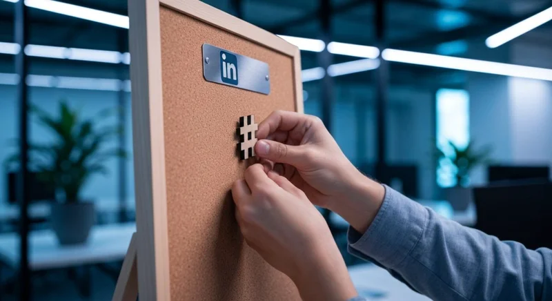 Manos fijando token tactil con hashtag en corcho logotipo LinkedIn