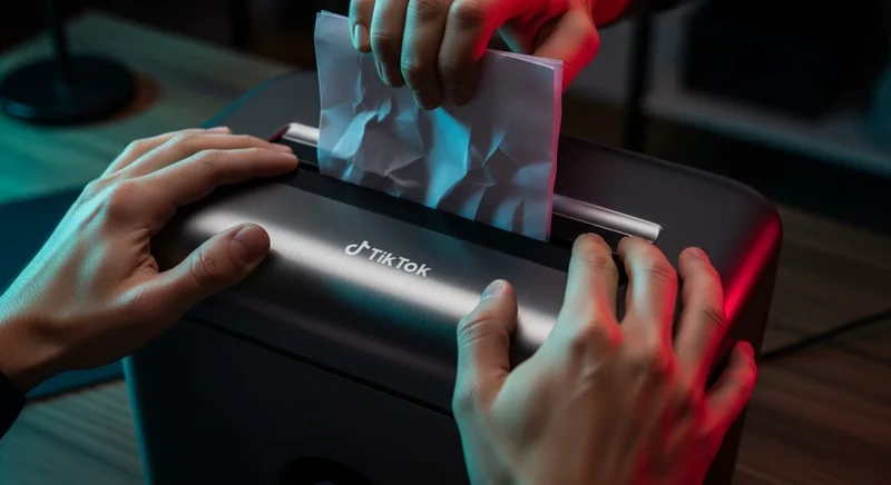 Manos frustradas intentando alimentar papel en trituradora moderna minimalista con logo de TikTok