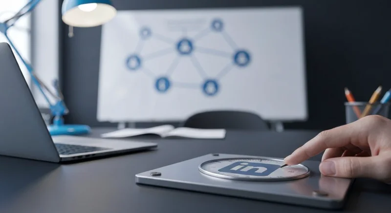 Manos girando dial vintage grande con logo LinkedIn en escritorio