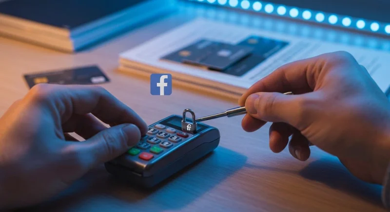 Manos insertando herramienta con logo Facebook en candado de pago