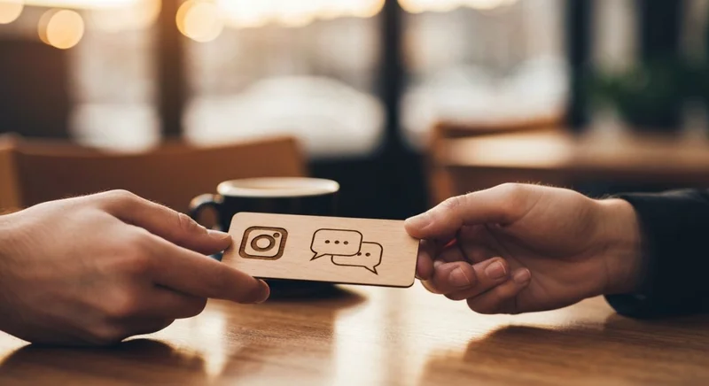 Manos intercambian tarjeta de madera con logo Instagram en café