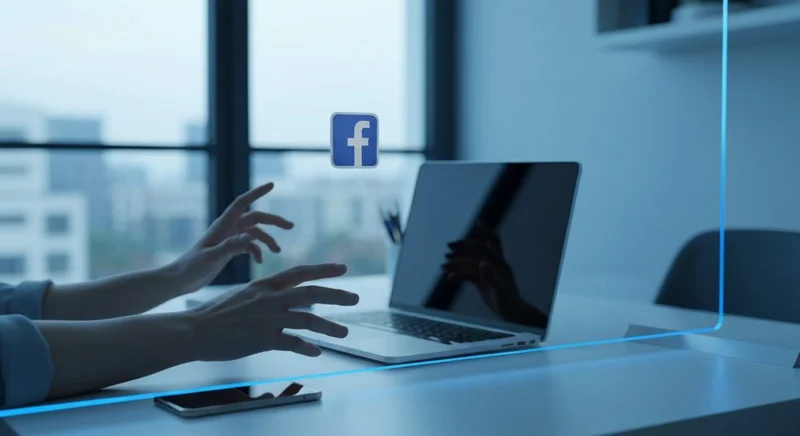 Manos junto a portátil con logotipo Facebook en vidrio transparente