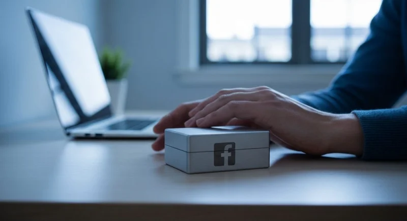Manos junto a una caja metálica con logo de Facebook