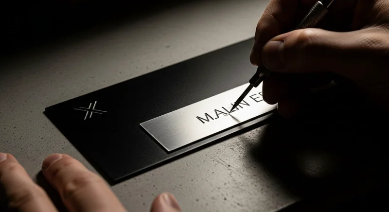 Manos modificando placa metálica negra con herramienta de grabado.