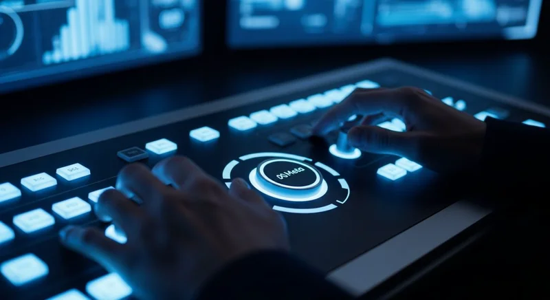 Manos operando consola futurista con botones brillantes en centro comando con logo de Meta