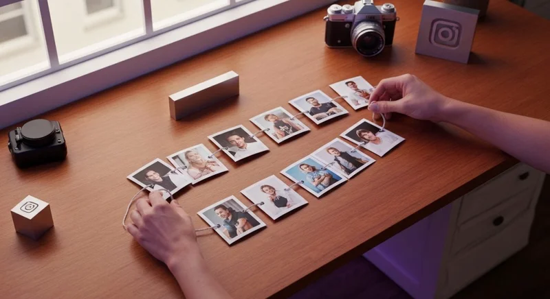 Manos organizan cadena de fotos impresas con logo Instagram visible