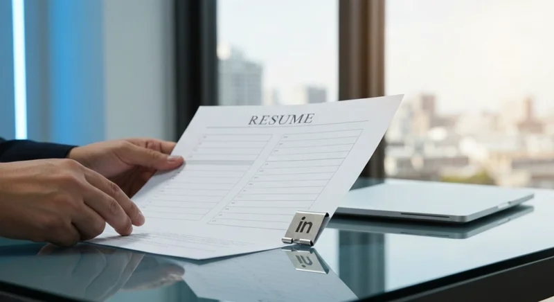 Manos organizando currículum sobre escritorio de vidrio con clip in