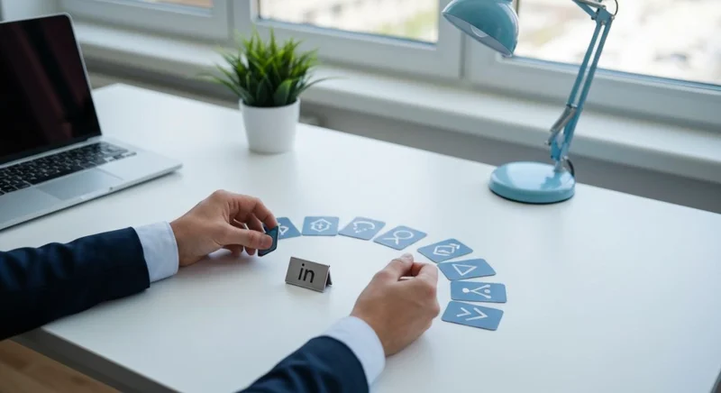 Manos organizando tarjetas abstractas alrededor de insignia con icono in