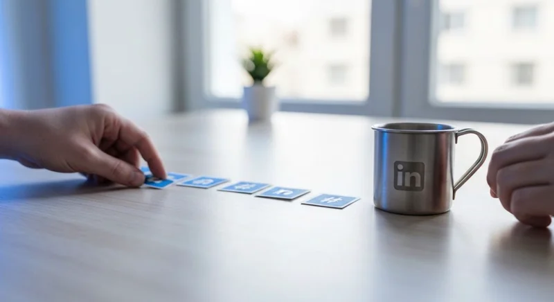 Manos organizando tarjetas cuadradas con hashtags y taza LinkedIn grabado