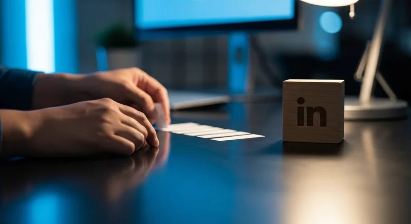 Manos organizando tarjetas prompt junto al logo LinkedIn en escritorio