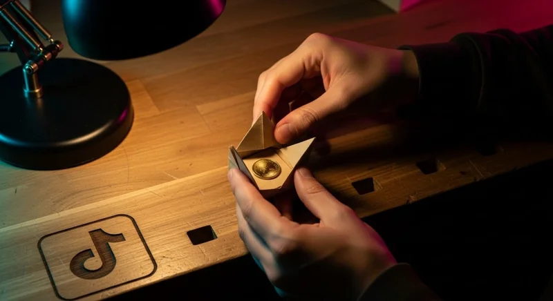 Manos plegando caja de origami sobre mesa de madera iluminada con logo de TikTok