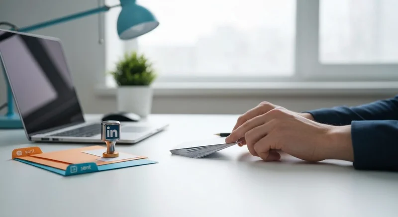 Manos profesionales ordenando tarjetas de invitación LinkedIn en escritorio minimalista