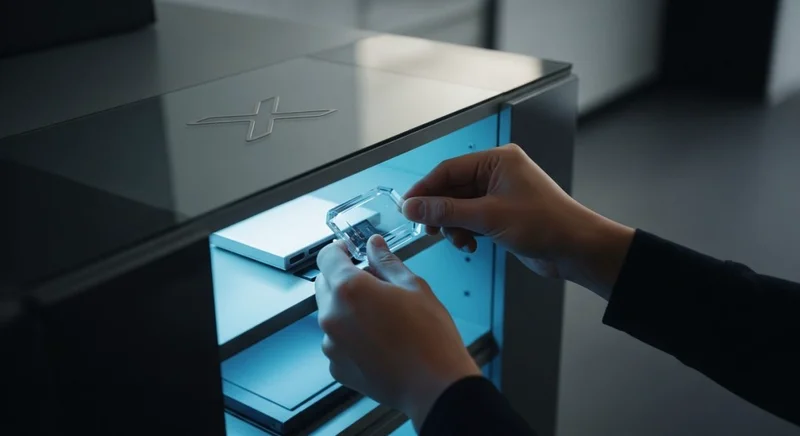 Manos quitando tarjeta de memoria de estantería de alta tecnología con logo de X