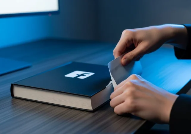 Manos rompiendo página de libro de facebook en oficina minimalista
