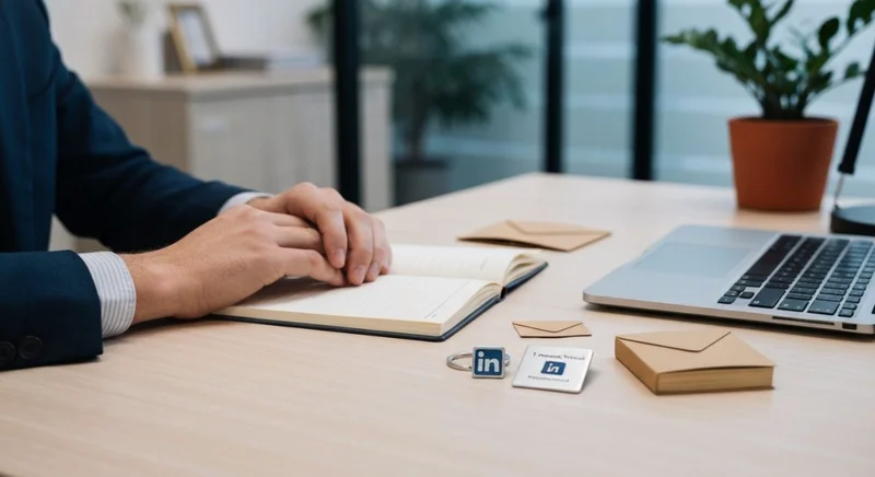 Manos sobre escritorio claro con cuaderno abierto y llavero LinkedIn