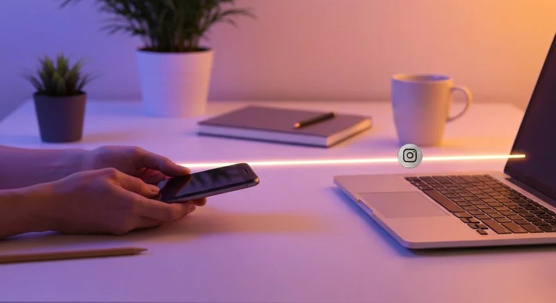 Manos sobre escritorio conectando smartphone a laptop con logotipo Instagram