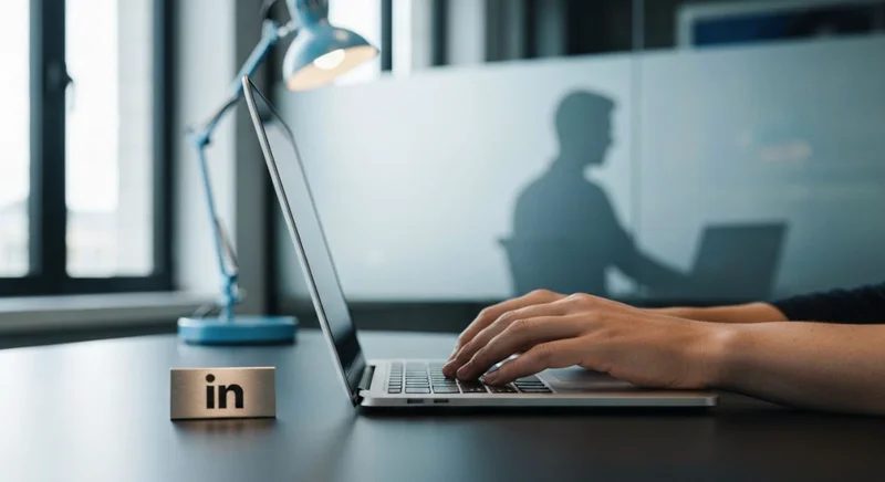 Manos sobre teclado de portátil en oficina moderna con LinkedIn