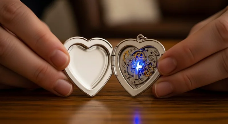 Manos sosteniendo relicario vintage de plata con mecanismo y logo de Facebook