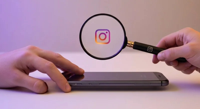 Manos sosteniendo smartphone con lupa macro sobre pantalla Instagram Stories