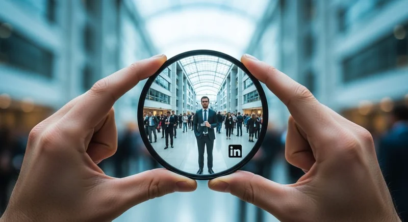 Manos sosteniendo un filtro de cristal con logo de LinkedIn