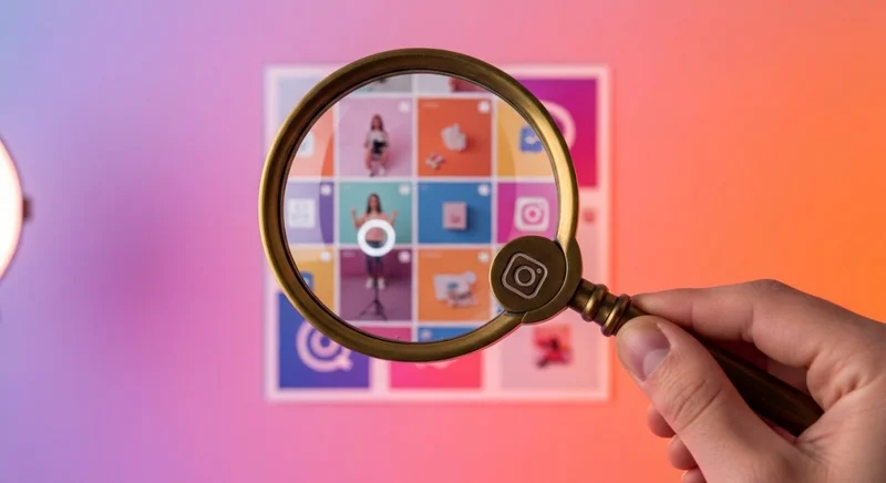 Manos sostienen una lupa vintage de bronce revelando escenas Instagram