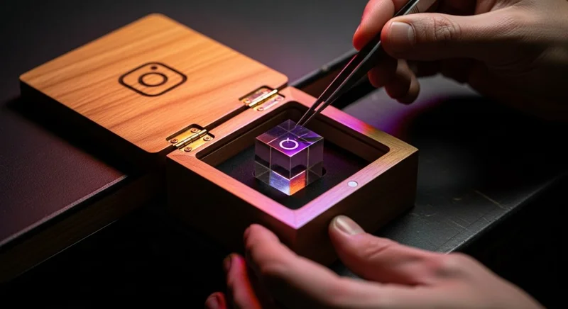 Manos usando pinzas para colocar cubo acrílico en caja elegante con logo de Instagram