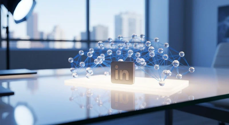 Mapa 3D de red azul sobre escritorio con logo LinkedIn
