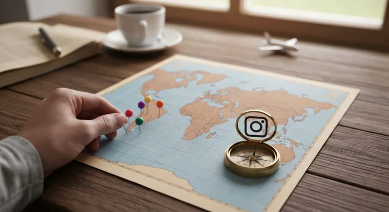 Mapa antiguo con pines coloridos y brújula bronce logo Instagram