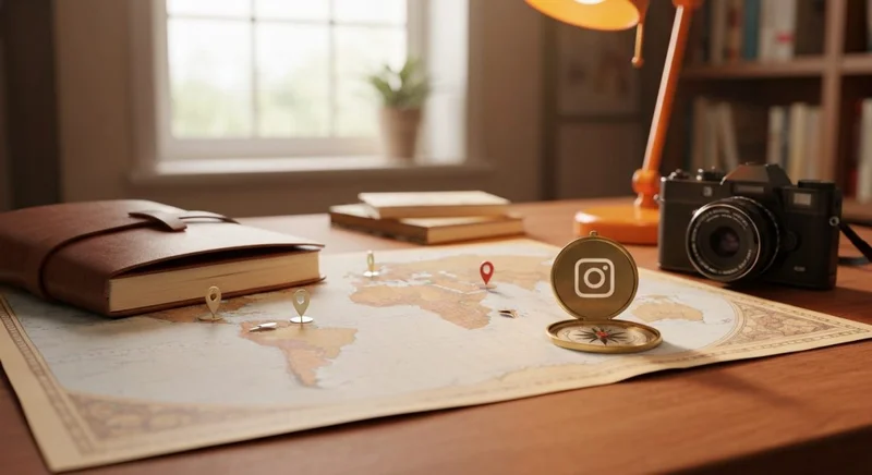 Mapa antiguo sobre escritorio de madera con brújula logo Instagram