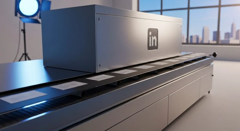 Máquina de datos metálica con tarjetas LinkedIn y logo grabado