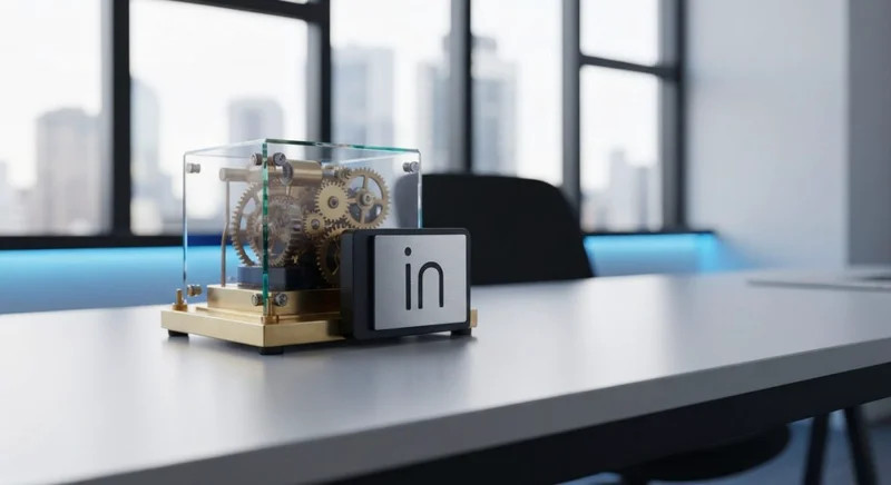 Máquina de talento con engranajes de latón y placa LinkedIn