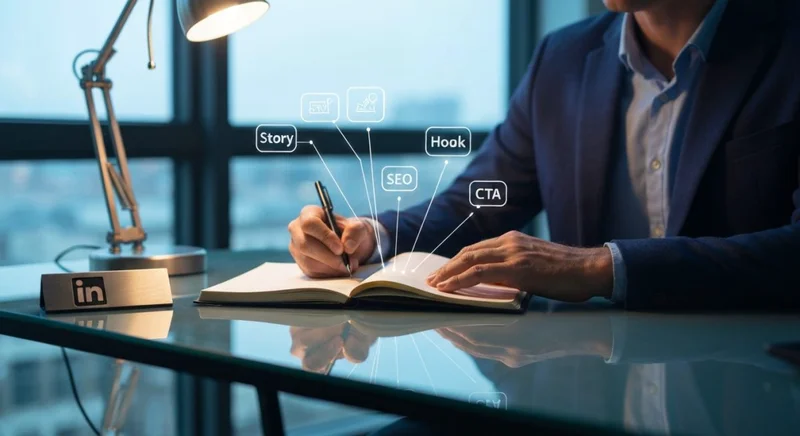 Marketing profesional sentado en escritorio de vidrio con logo LinkedIn