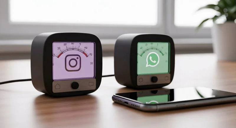 Medidores de energía analógicos con logos de Instagram y WhatsApp