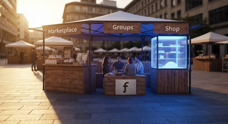 Mercado urbano fusiona Marketplace Grupos Shop con logo f visible