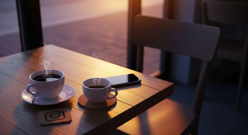 Mesa de cafetería con smartphone y tazas de café humeante con posa vaso de instagram