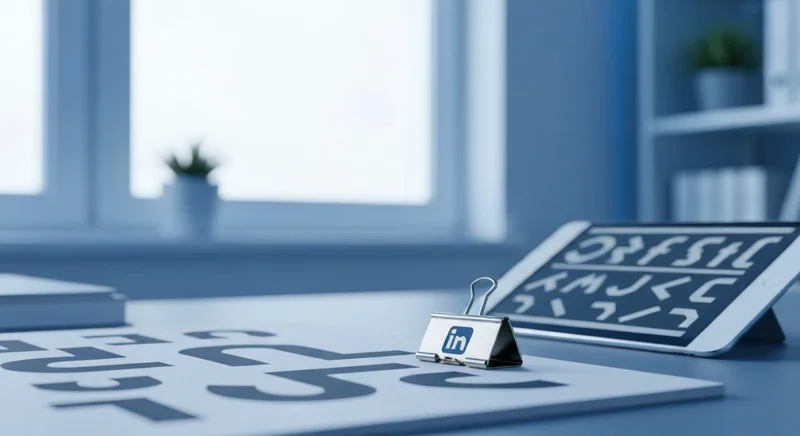 Mesa de diseñador con clip LinkedIn y tablero tipografico iluminado